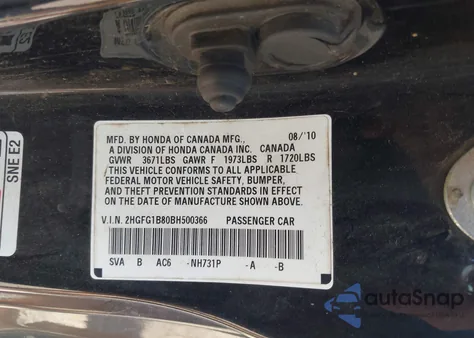 2011 Honda Civic Ex from USA, damaged, VIN 2HGFG1B80BH500366